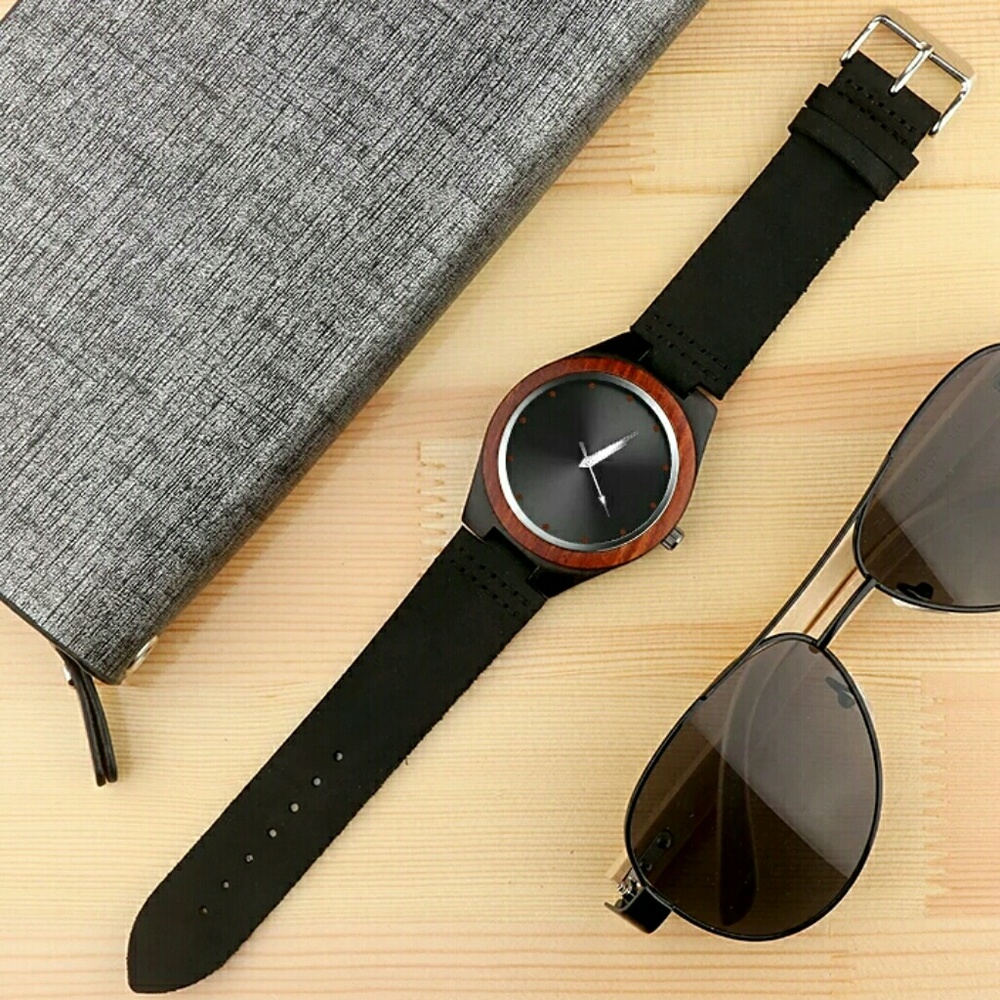 NEW MEN'S GENUINE BAMBOO WATCH W/LEATHER BAND - Picture 5 of 7